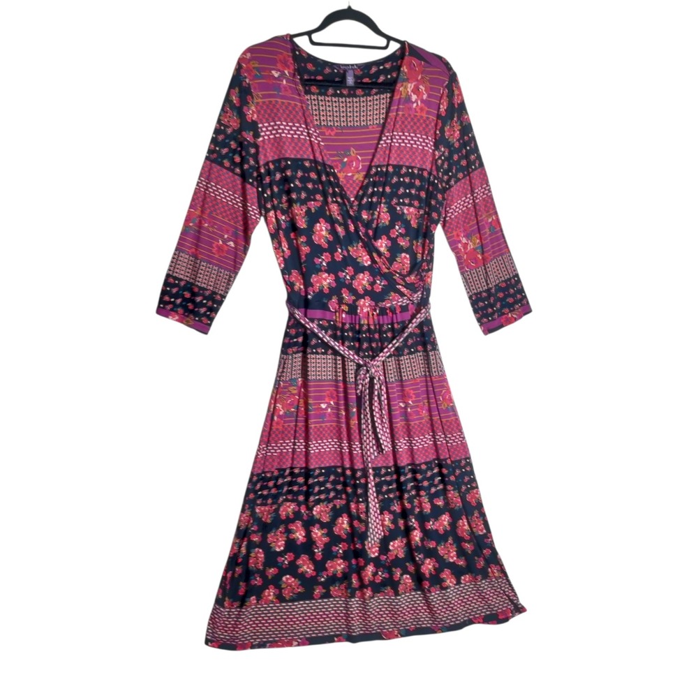 Long Tall Sally Womens Floral Mixed Print Faux Wrap Midi Dress Pink Black